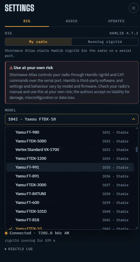 Settings, Rig: a Yaesu FTDX-10 selected from the Hamlib model list and the status Connected